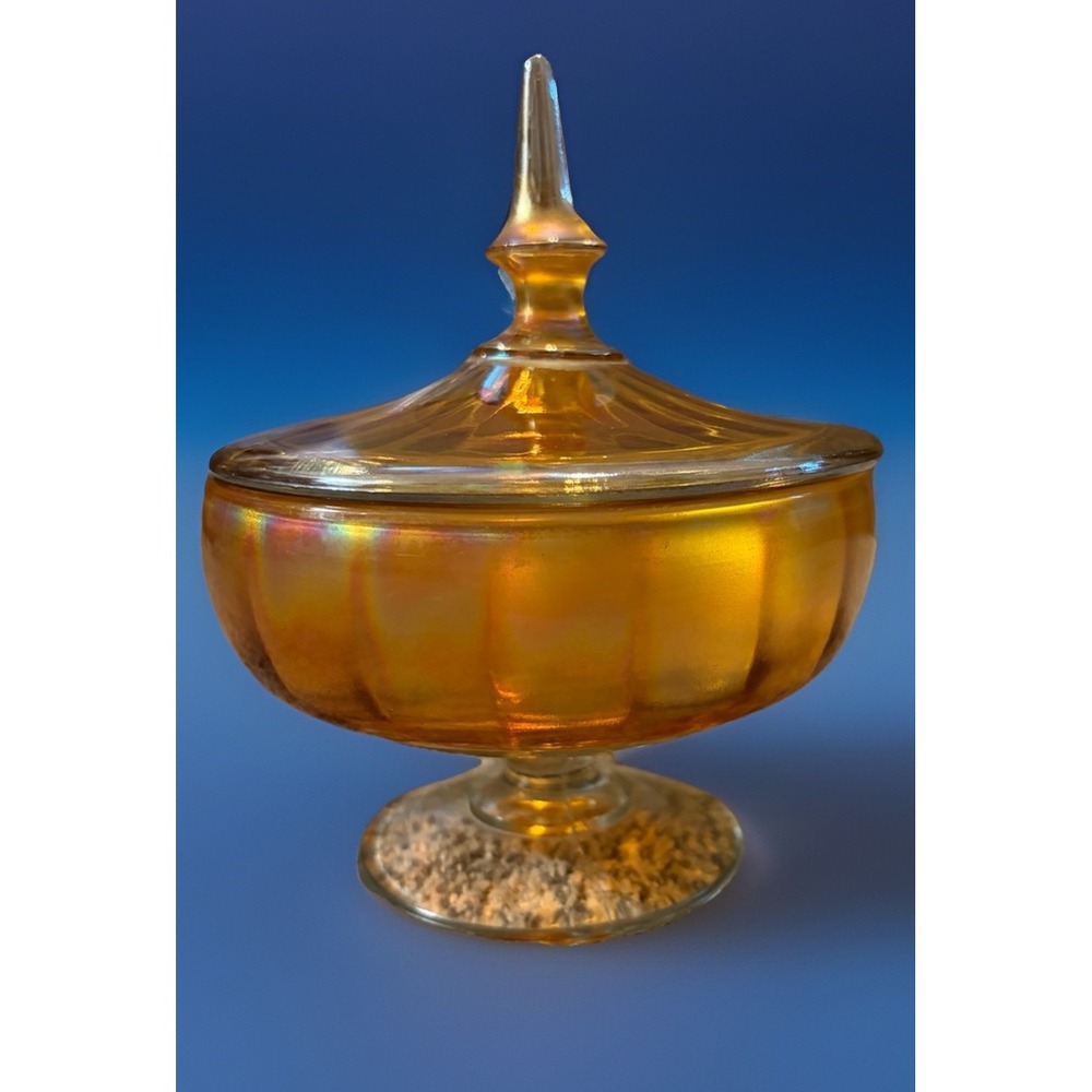 Vintage Amber Carnival Glass‎ Covered Candy Dish Pedestal Compote Iridescent - Picture 5 of 6